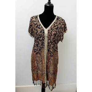 April Cornell brown Floral Tunic Dress fringe XS short sleeve